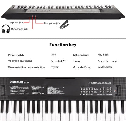 BIGFUN 61 Key Electronic Keyboard Piano Dual Speaker 8 Tone 5 Rhythm 5 Drums Percussion 6 Demo Musical Instrument with Mic