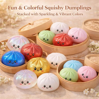 Glitter Dumpling Squishies, Upgrade Squishy Dumplings Stress Balls, Soft Squeezy Dough Ball with Steamer Stress Relief Desk Toy