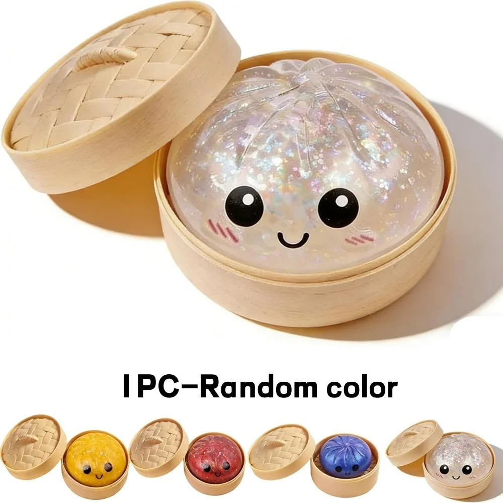 Glitter Dumpling Squishies, Upgrade Squishy Dumplings Stress Balls, Soft Squeezy Dough Ball with Steamer Stress Relief Desk Toy