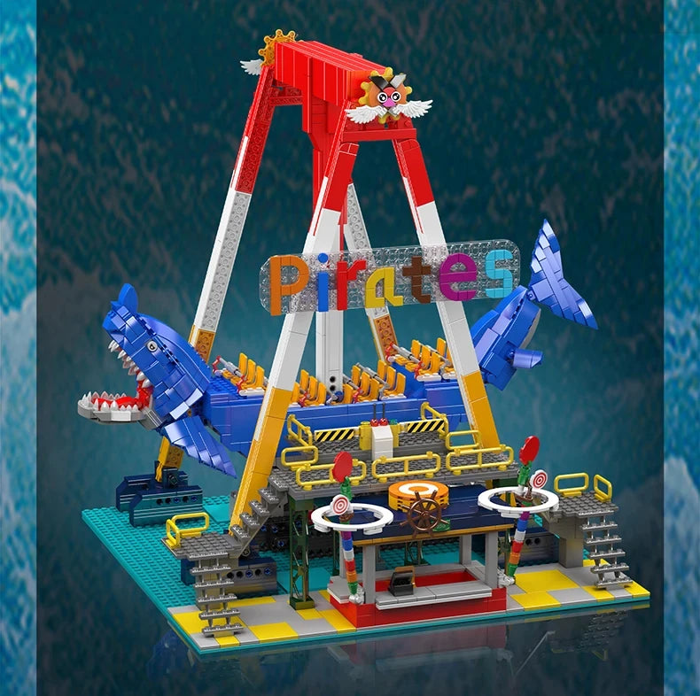 MOULD KING  Amusement Park Toys Motorized Spinning Ride,Water Slide,Flying Swing Ride,Shark Pirate Ship Building Blocks Bricks