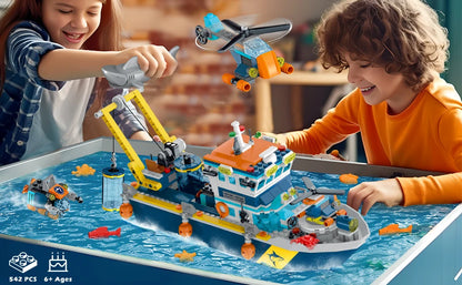 HOGOKIDS Arctic Explorer Technic Ship Building Block Set with LED Light  Ocean Exploration Helicopter Sub Shark for Kids Ages 6+