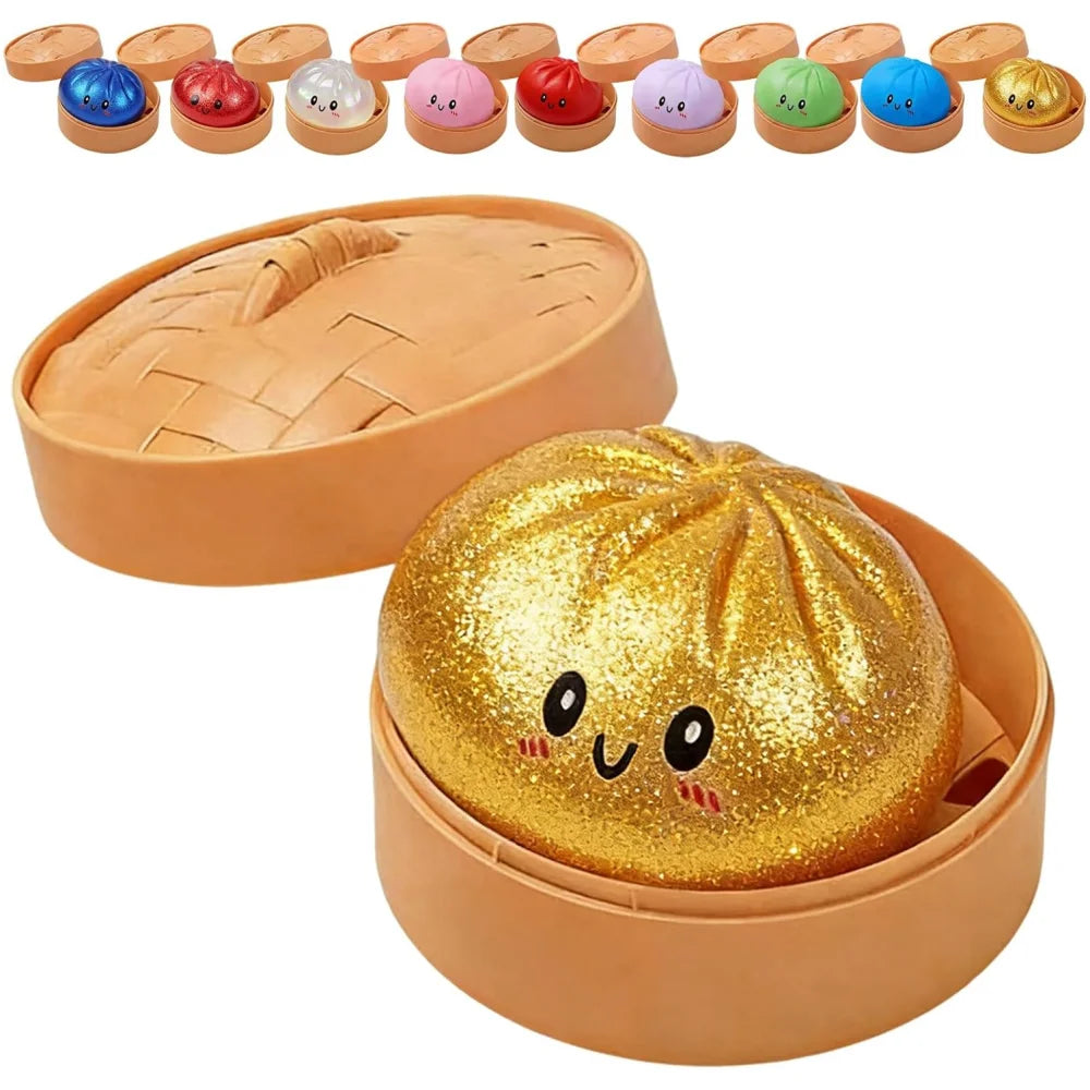 Glitter Dumpling Squishies, Upgrade Squishy Dumplings Stress Balls, Soft Squeezy Dough Ball with Steamer Stress Relief Desk Toy