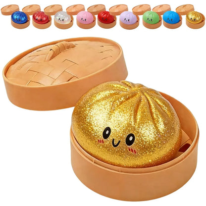 Glitter Dumpling Squishies, Upgrade Squishy Dumplings Stress Balls, Soft Squeezy Dough Ball with Steamer Stress Relief Desk Toy