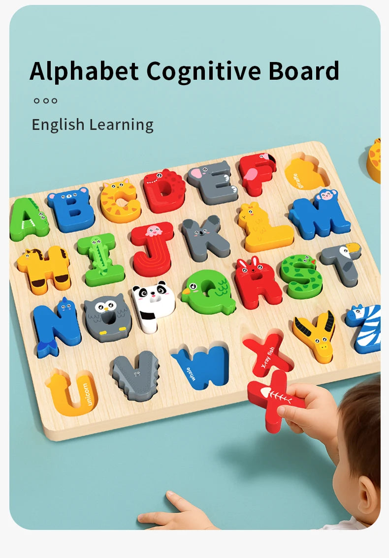 3D Colorful Alphabet Number Puzzle Montessori Wooden Puzzles Matching Games Early Education Toys Mathematics Shape Cognition