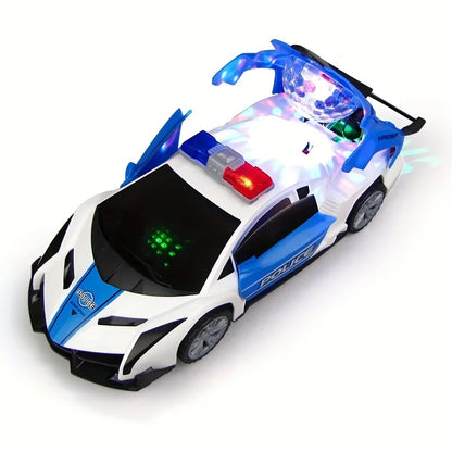 360° Rotating Police Car Toy with Sound & Light Electric Automatic Openable Doors Educational Vehicle Toy for Kids Children