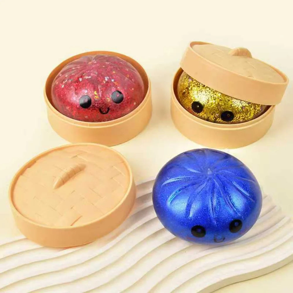 Glitter Dumpling Squishies, Upgrade Squishy Dumplings Stress Balls, Soft Squeezy Dough Ball with Steamer Stress Relief Desk Toy