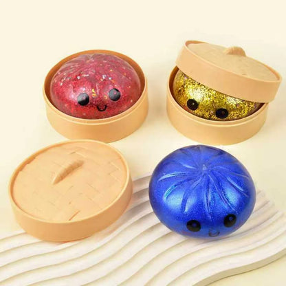 Glitter Dumpling Squishies, Upgrade Squishy Dumplings Stress Balls, Soft Squeezy Dough Ball with Steamer Stress Relief Desk Toy