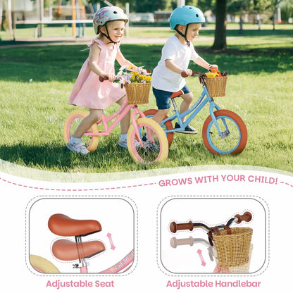 14 Inch Kids Balance Bike, Lightweight Height-adjustable Push Bike with Removable Basket and Rubber Air Tires