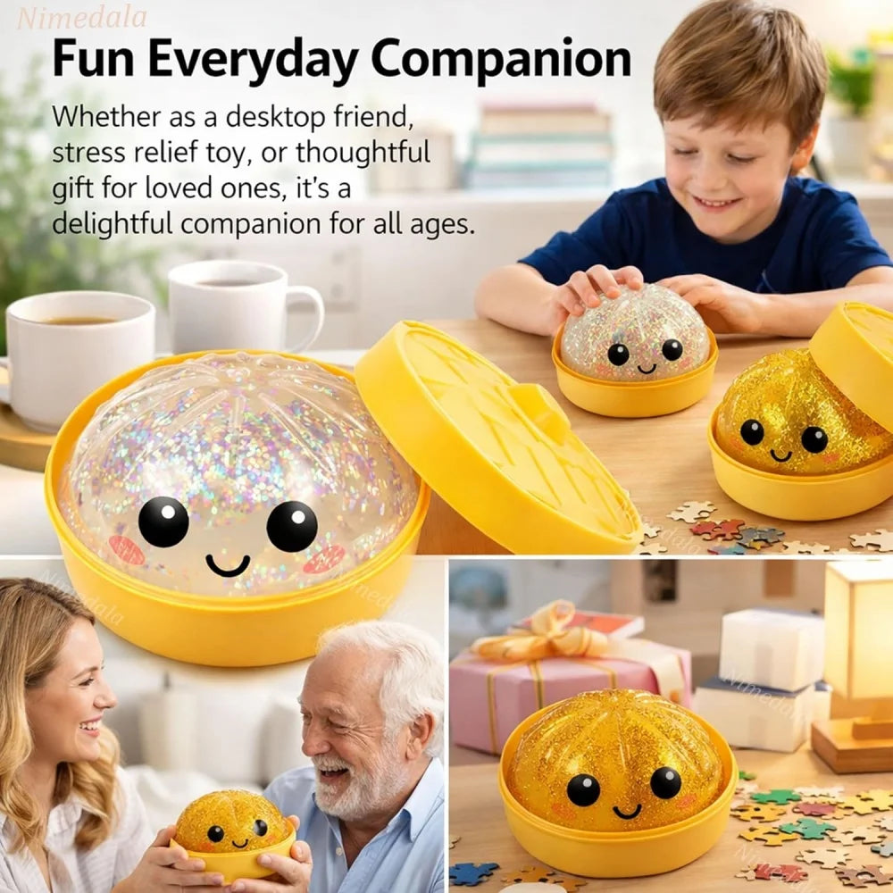 Glitter Dumpling Squishies, Upgrade Squishy Dumplings Stress Balls, Soft Squeezy Dough Ball with Steamer Stress Relief Desk Toy