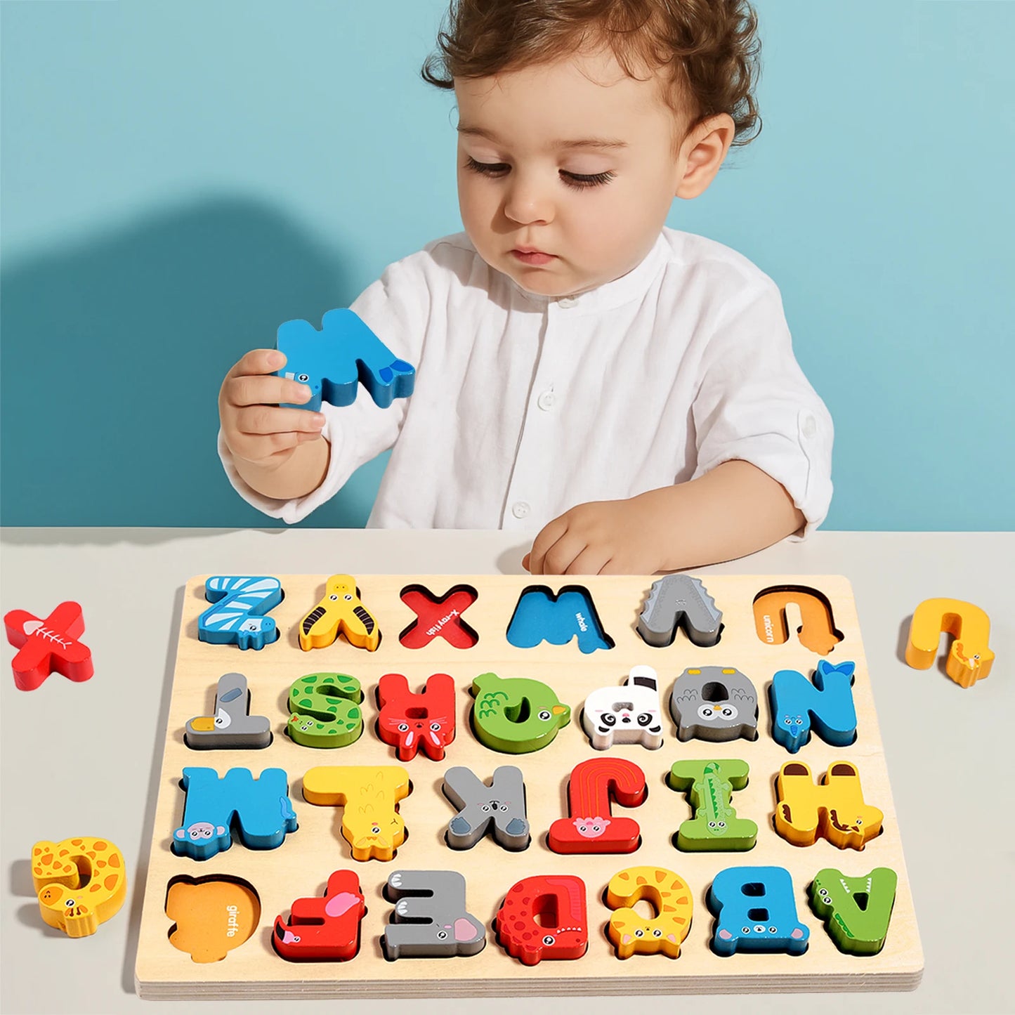 3D Colorful Alphabet Number Puzzle Montessori Wooden Puzzles Matching Games Early Education Toys Mathematics Shape Cognition