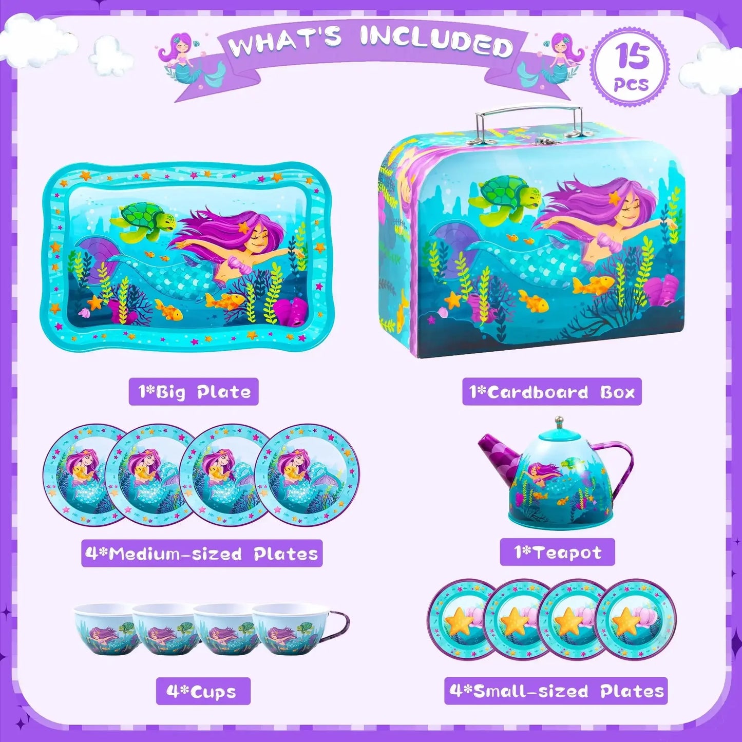 Joyfy Kid Tea Set Mermaid Tea Party Set Princess Pretend Play Tin Teapot Set Kitchen Toy for Girls Toddlers 2 3 4 5 6 Years Old