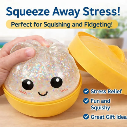 Glitter Dumpling Squishies, Upgrade Squishy Dumplings Stress Balls, Soft Squeezy Dough Ball with Steamer Stress Relief Desk Toy