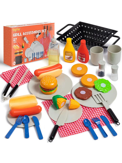 Joyfy 27 Pcs Kids Kitchen Toy Playset BBQ Grill Pretend Play Food Sets, Gift for Toddlers 2 3 4 Years Old Girls Boys