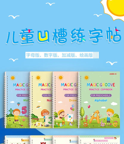 4pcs Magic Groove Practice Copybook Pen Preschools English Verison Kids Calligraphy Children Reusable Writing Book Free Wiping