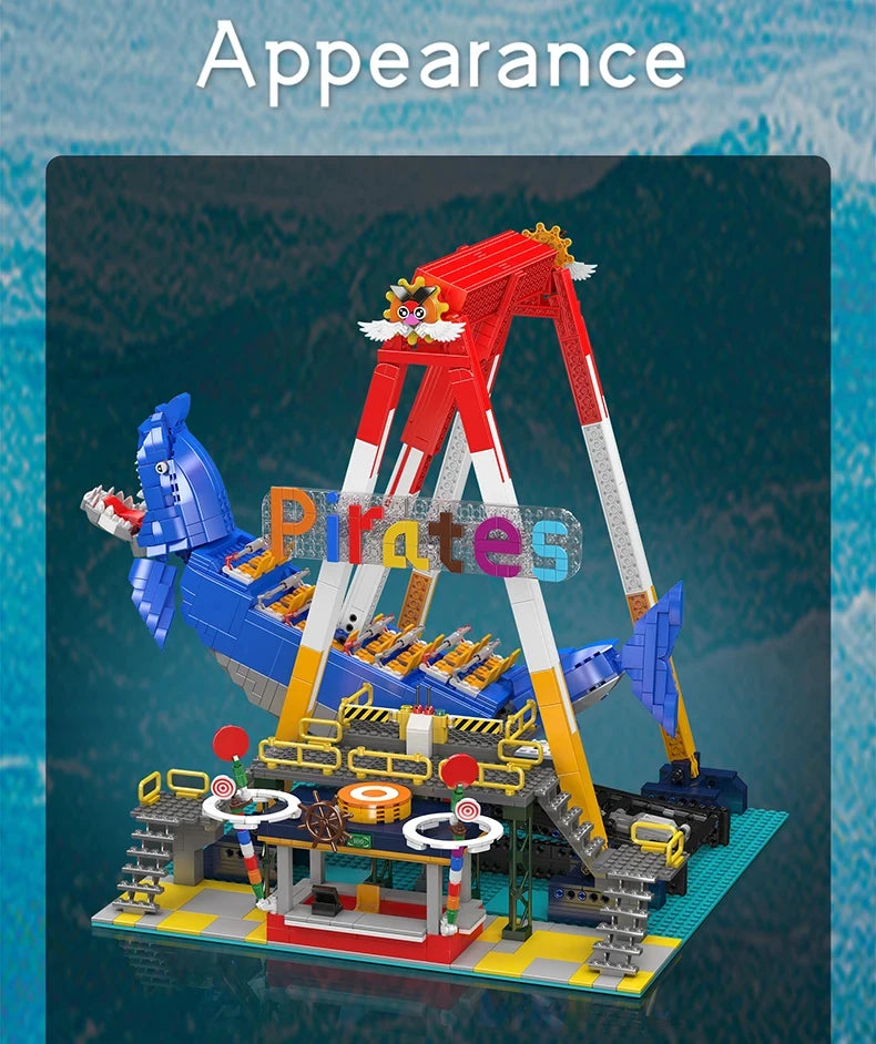 MOULD KING  Amusement Park Toys Motorized Spinning Ride,Water Slide,Flying Swing Ride,Shark Pirate Ship Building Blocks Bricks