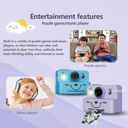kids Instant print camera,photo&video&music&puzzle games,flash|dual camera|USB charging,birthday&holiday&family gathering gifts