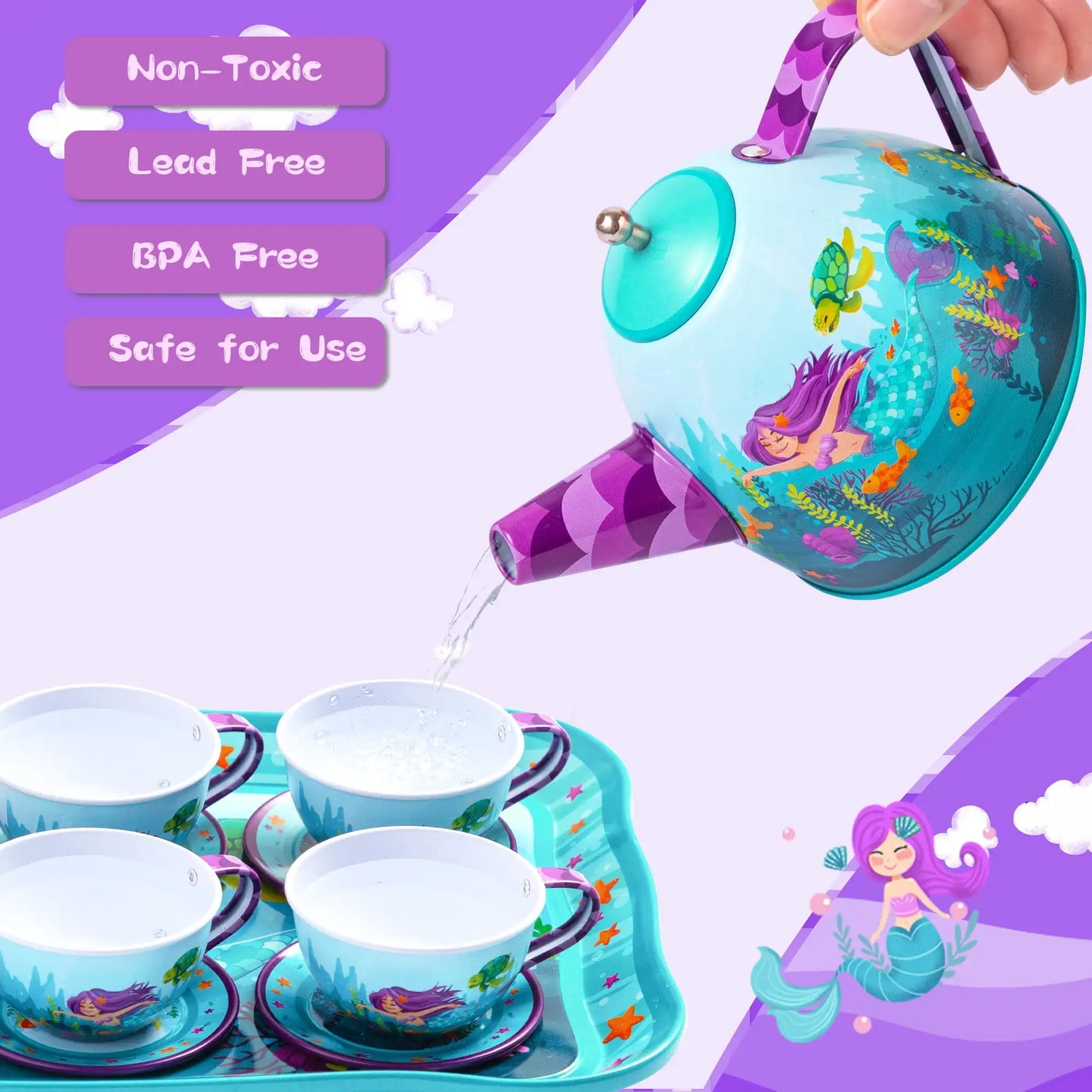 Joyfy Kid Tea Set Mermaid Tea Party Set Princess Pretend Play Tin Teapot Set Kitchen Toy for Girls Toddlers 2 3 4 5 6 Years Old