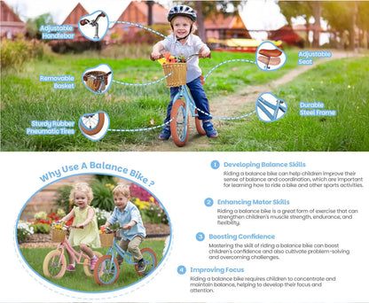 14 Inch Kids Balance Bike, Lightweight Height-adjustable Push Bike with Removable Basket and Rubber Air Tires