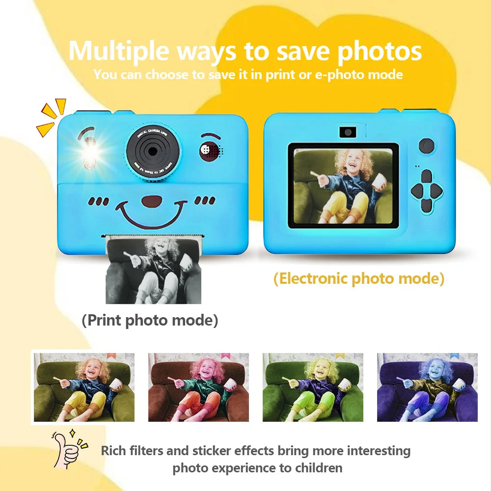 kids Instant print camera,photo&video&music&puzzle games,flash|dual camera|USB charging,birthday&holiday&family gathering gifts