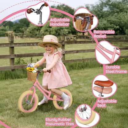 14 Inch Kids Balance Bike, Lightweight Height-adjustable Push Bike with Removable Basket and Rubber Air Tires