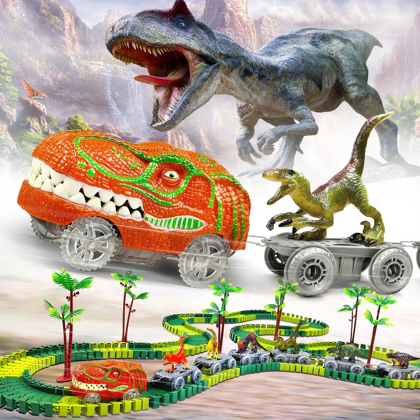 Dinosaur Toys-Magical Train Track Racing Toy Bend Flexible Race Track Flash Light Car Educational Toys For Kids Gift