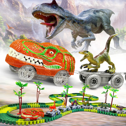 Dinosaur Toys-Magical Train Track Racing Toy Bend Flexible Race Track Flash Light Car Educational Toys For Kids Gift