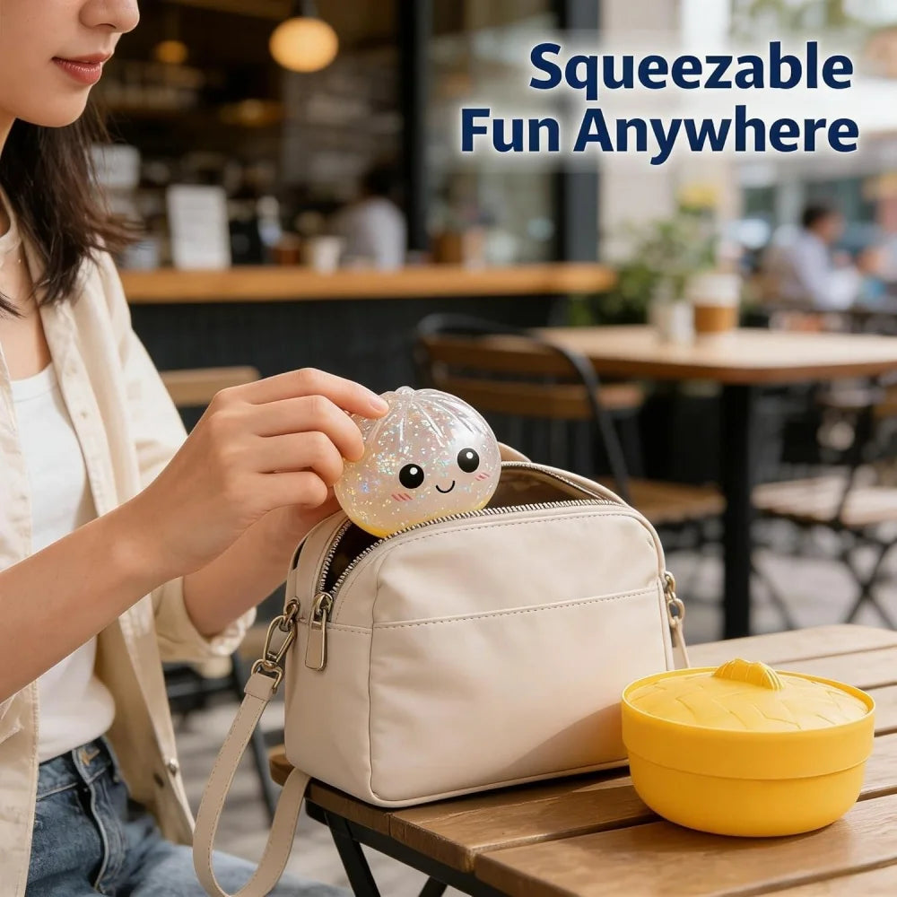 Glitter Dumpling Squishies, Upgrade Squishy Dumplings Stress Balls, Soft Squeezy Dough Ball with Steamer Stress Relief Desk Toy