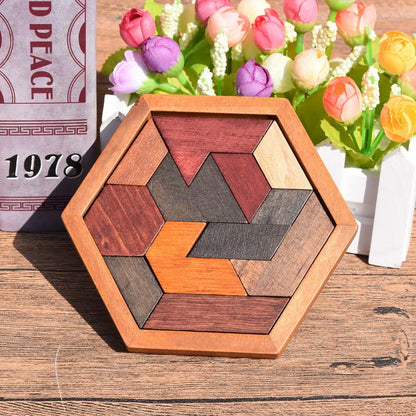 Classical Hexagon Tangram Puzzle Wooden Brain Teasers For Kids Logic Thinking Games Casse Tete Rompecabezas De Madera