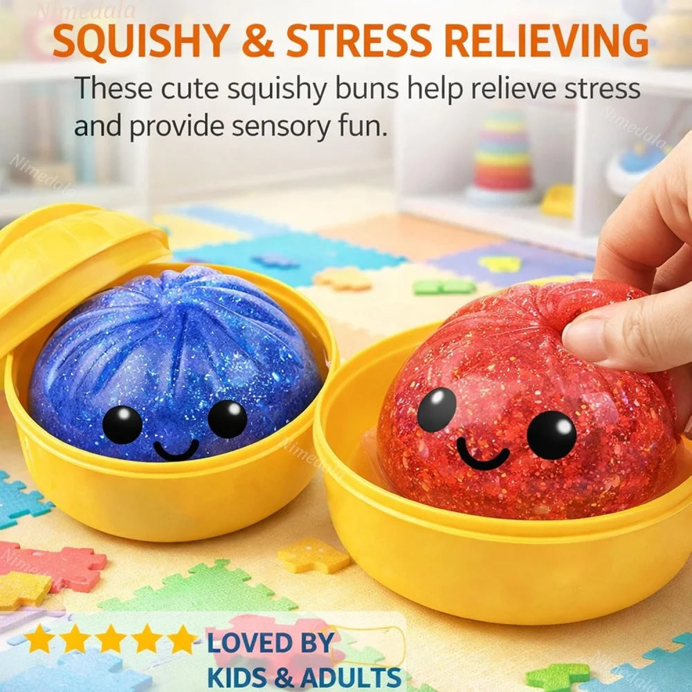 Glitter Dumpling Squishies, Upgrade Squishy Dumplings Stress Balls, Soft Squeezy Dough Ball with Steamer Stress Relief Desk Toy
