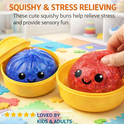 Glitter Dumpling Squishies, Upgrade Squishy Dumplings Stress Balls, Soft Squeezy Dough Ball with Steamer Stress Relief Desk Toy