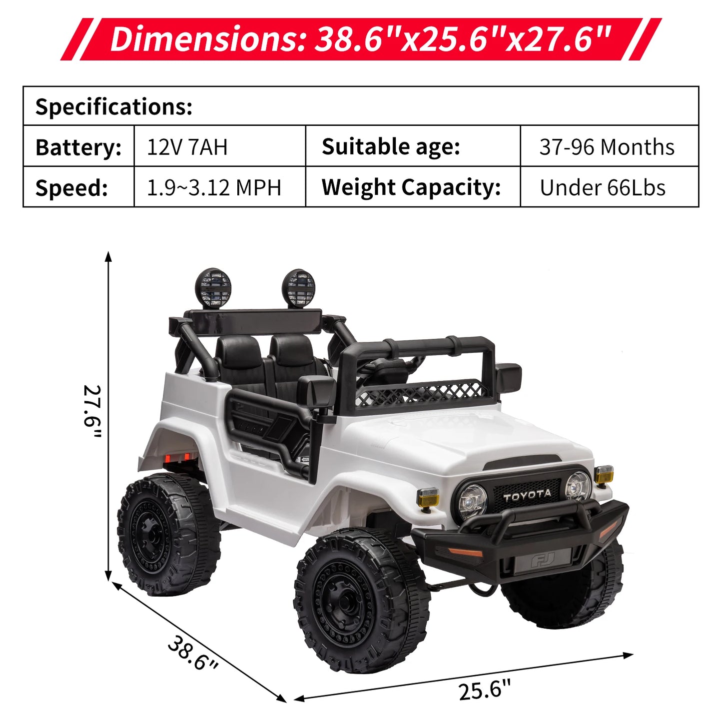 12V Electric Ride On Car Toy Truck Ride On Car for Kids Boys Girls 3 Speed MP3 Music LED Lights Safety Belt 66lb Weight Capacity
