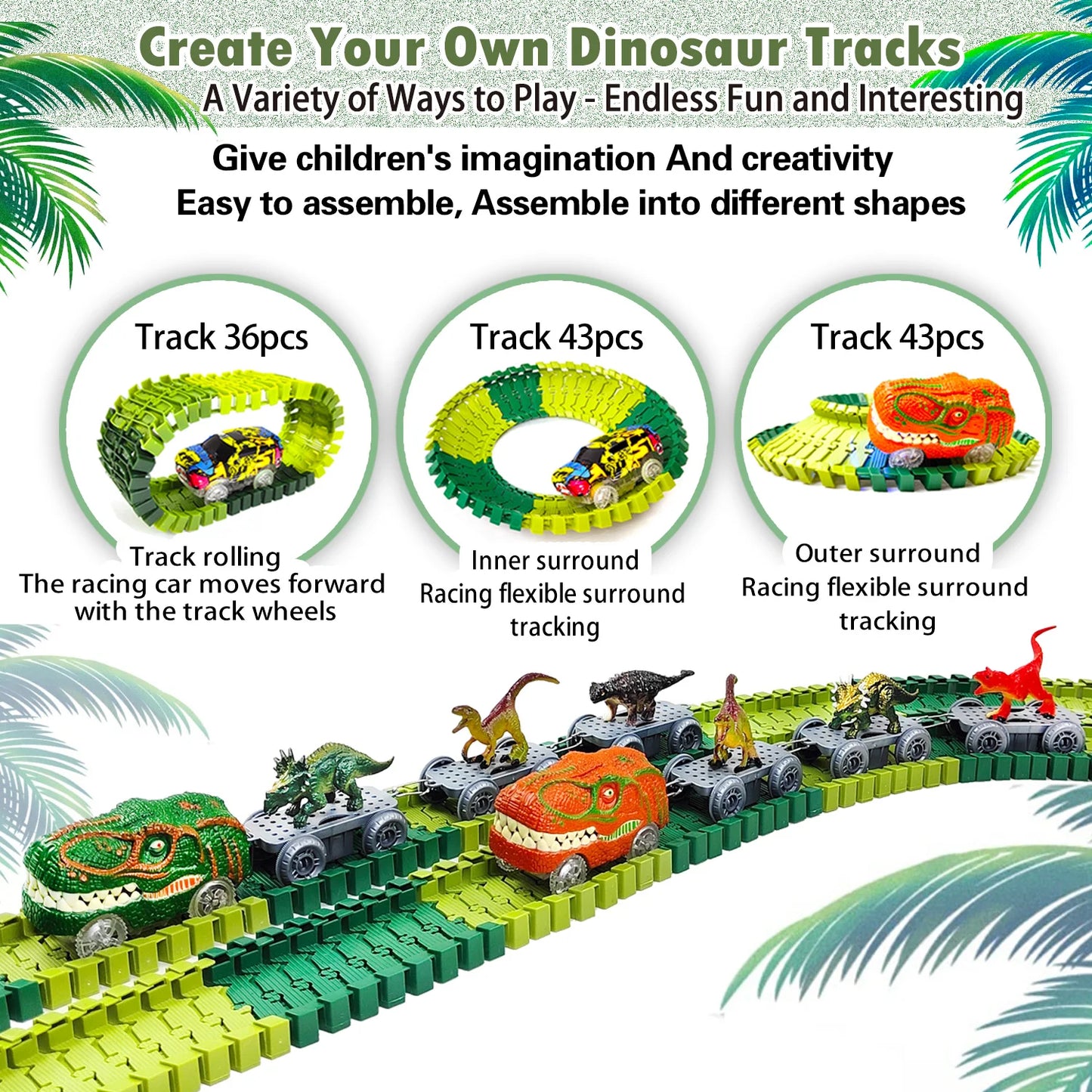 Dinosaur Toys-Magical Train Track Racing Toy Bend Flexible Race Track Flash Light Car Educational Toys For Kids Gift