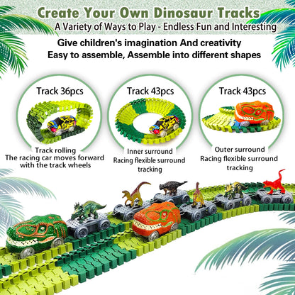 Dinosaur Toys-Magical Train Track Racing Toy Bend Flexible Race Track Flash Light Car Educational Toys For Kids Gift