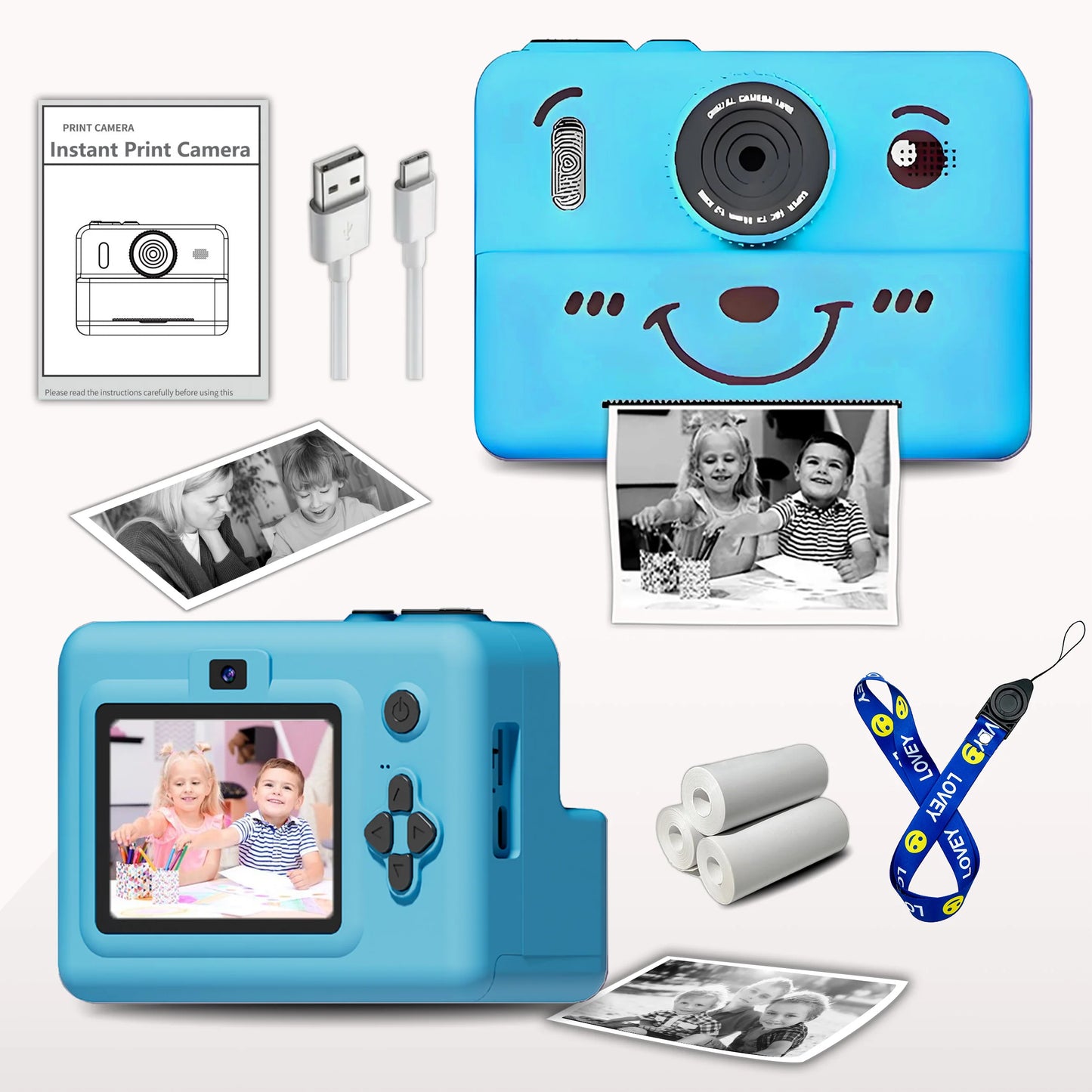 kids Instant print camera,photo&video&music&puzzle games,flash|dual camera|USB charging,birthday&holiday&family gathering gifts